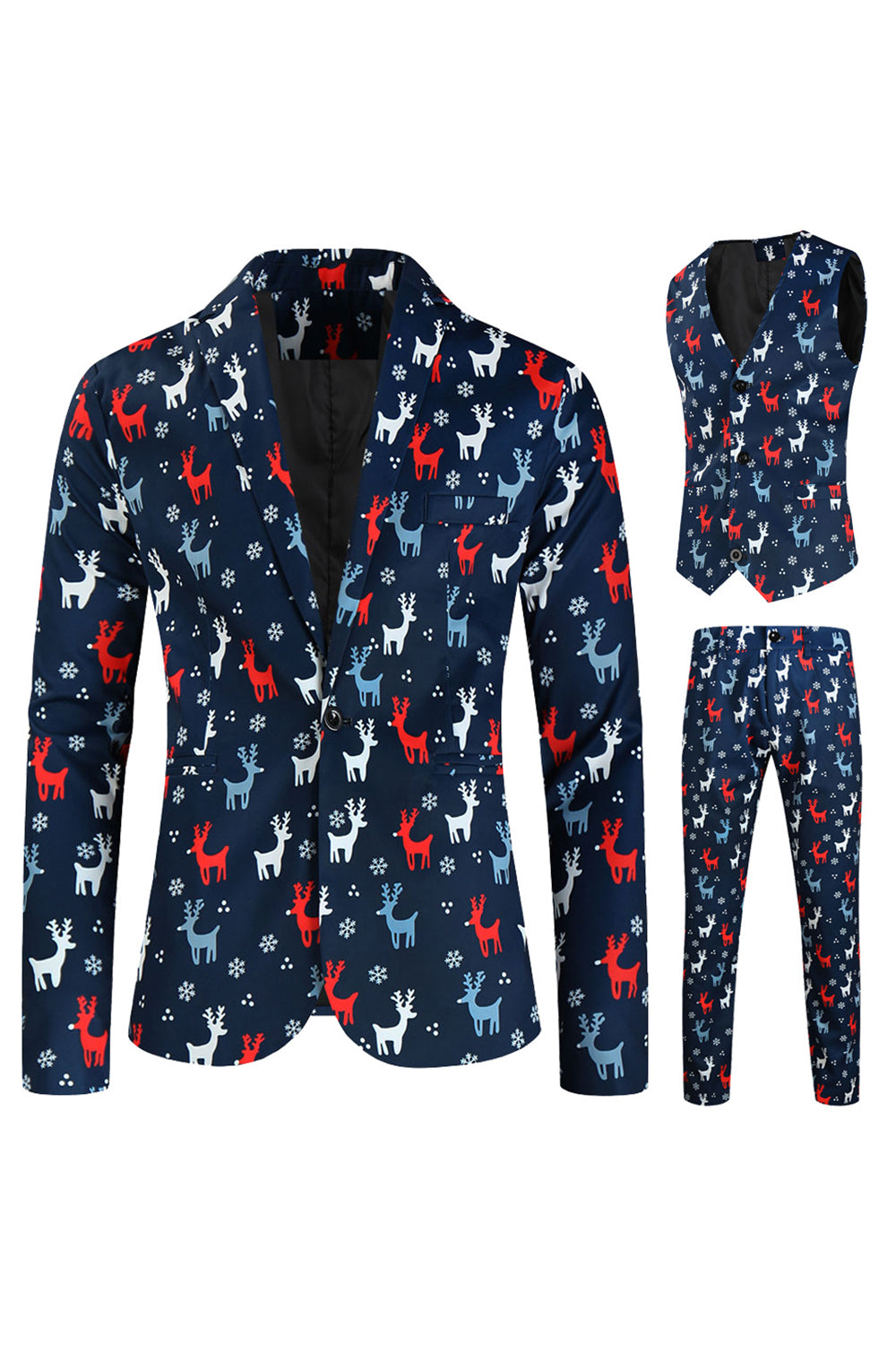 Dark Blue Christmas Elk Printed 3-Piece Men's Suits