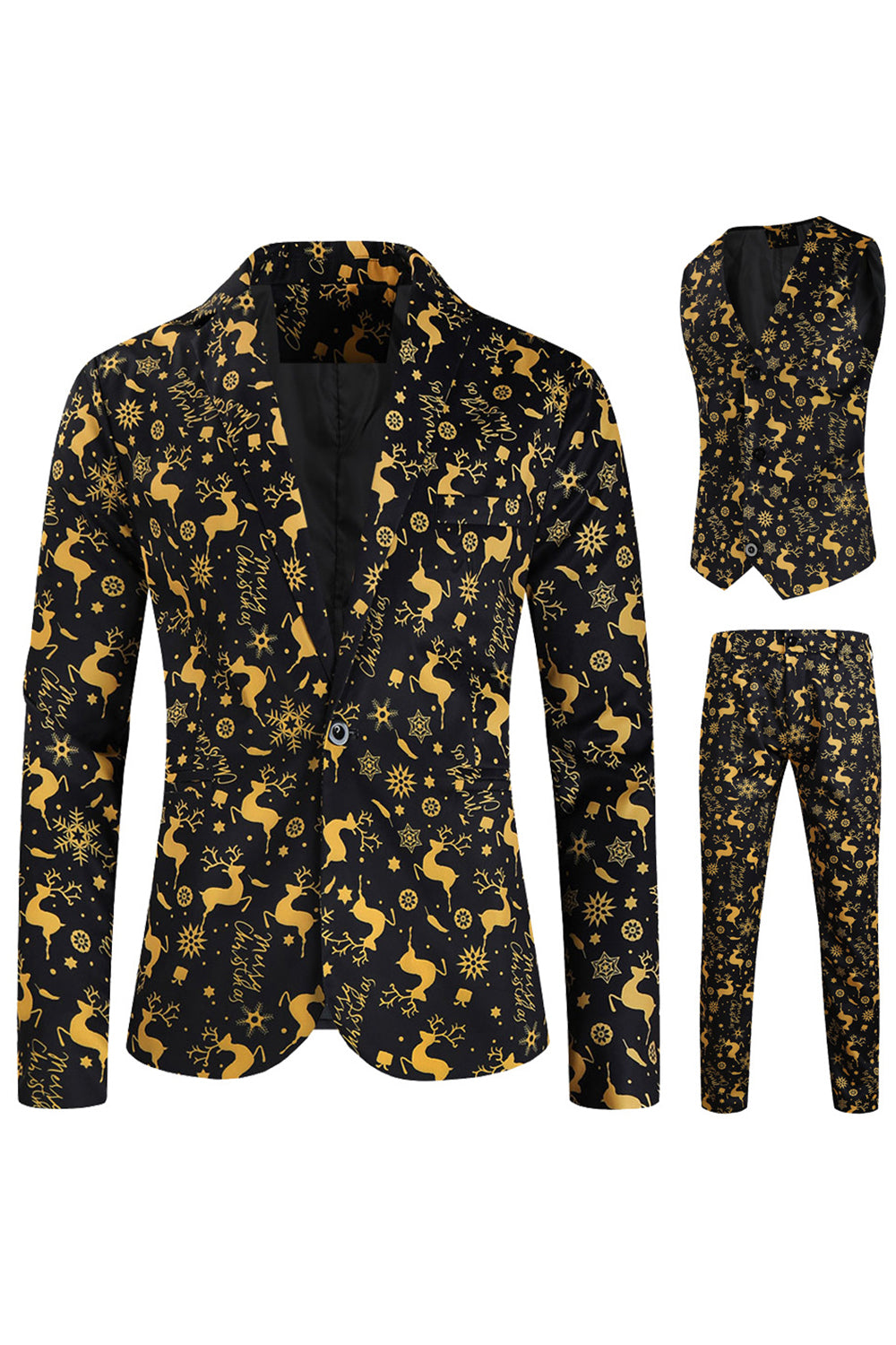 Men's Black Christmas Elk Printed 3-Piece Party Suits