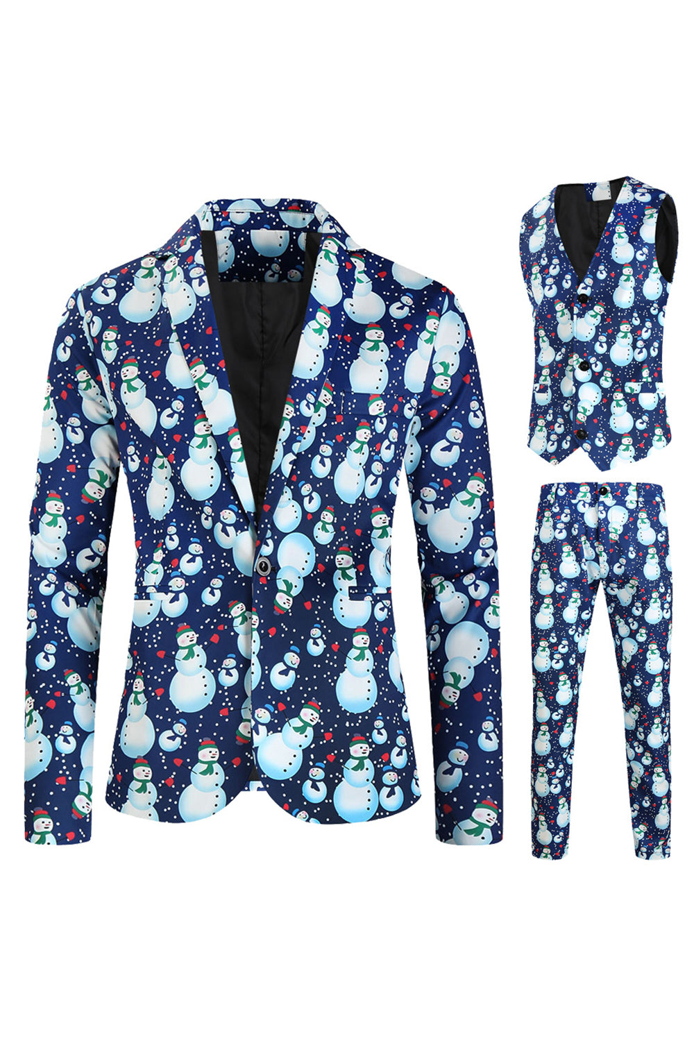 Men's Light Blue Christmas Snowman Printed 3-Piece Suits