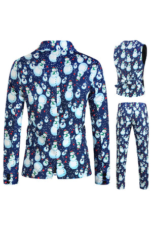 Men's Light Blue Christmas Snowman Printed 3-Piece Suits