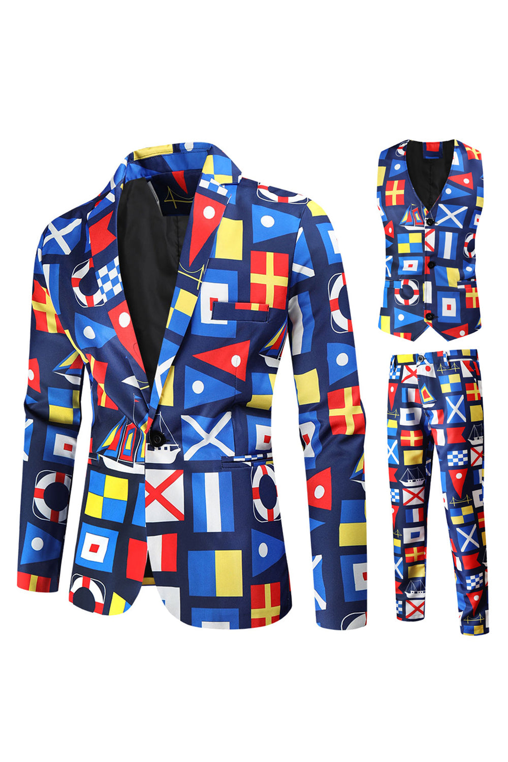 Blue Christmas Flag Printed 3-Piece One Button Men's Suits