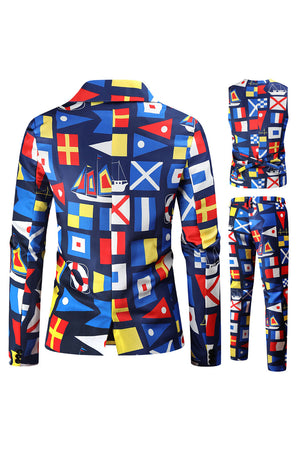 Blue Christmas Flag Printed 3-Piece One Button Men's Suits