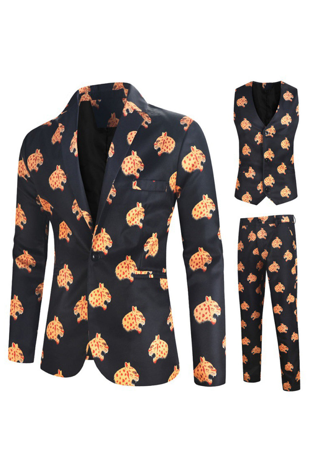 Men's Black Christmas Printed 3-Piece Notched Lapel Suits