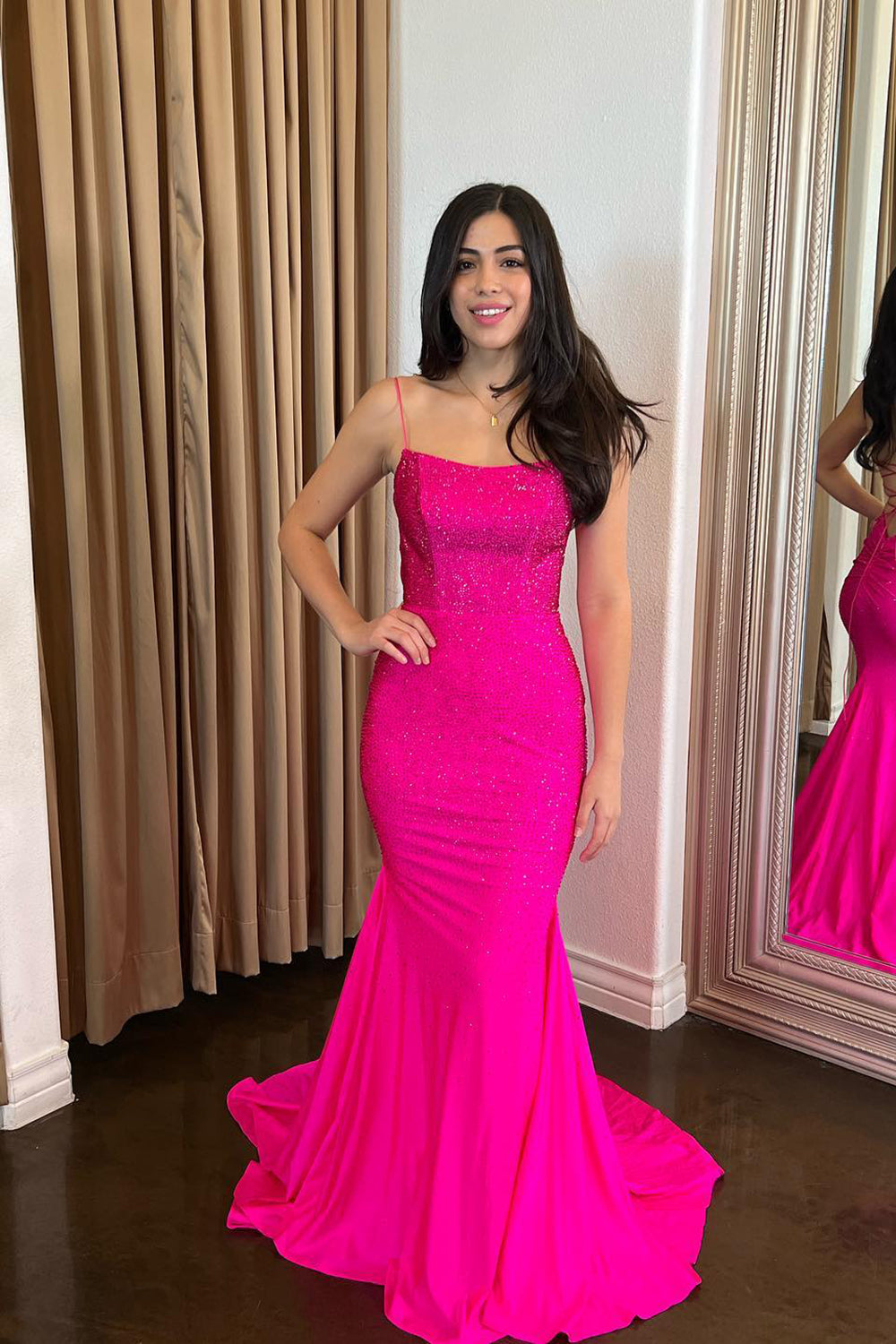 Fuchsia Mermaid Spaghetti Straps Prom Dress with Beaded