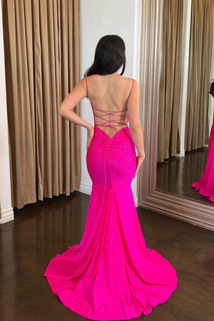 Fuchsia Mermaid Spaghetti Straps Prom Dress with Beaded