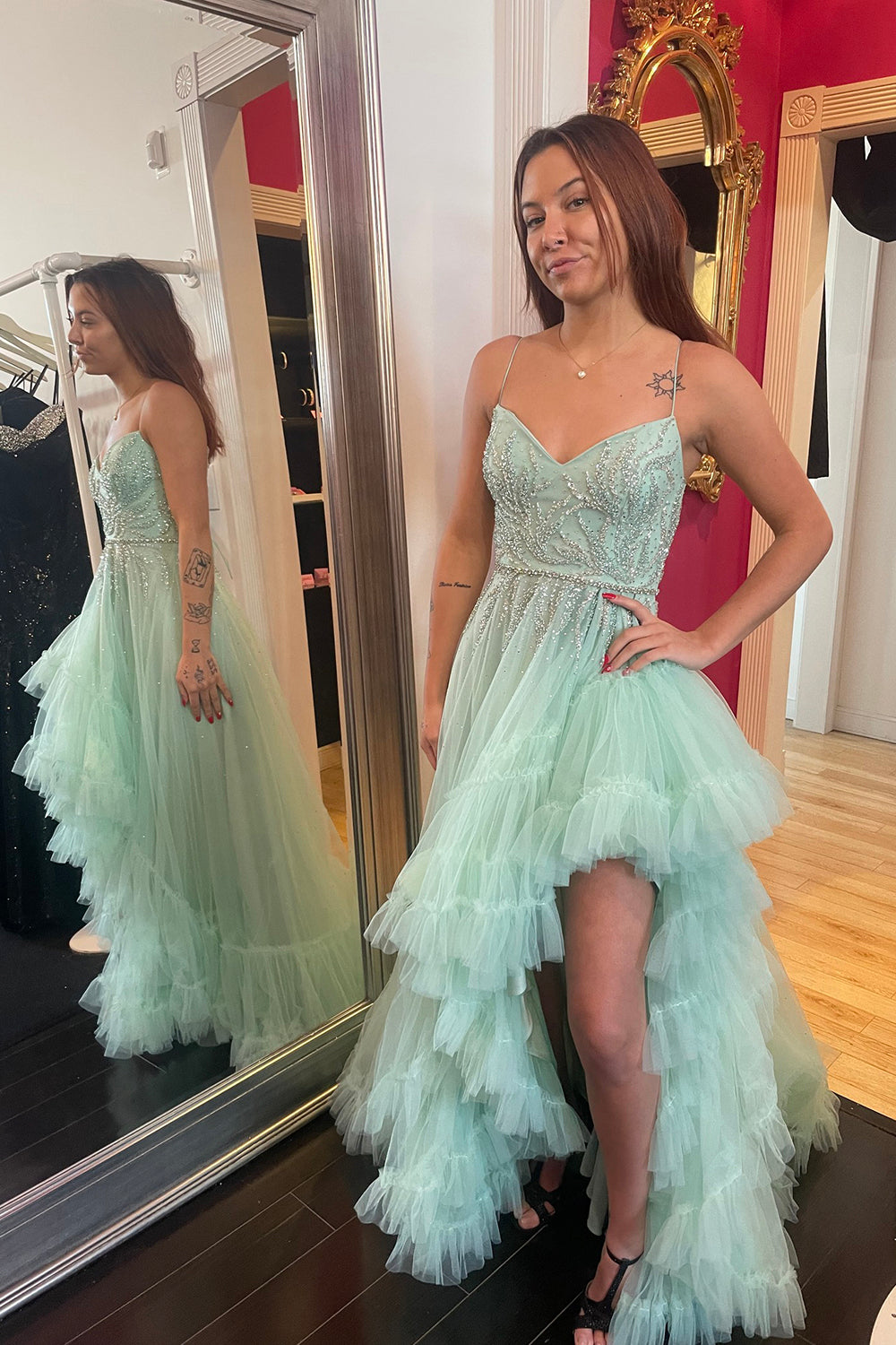 Sage Beaded Tiered Tulle A Line Prom Dress with Slit