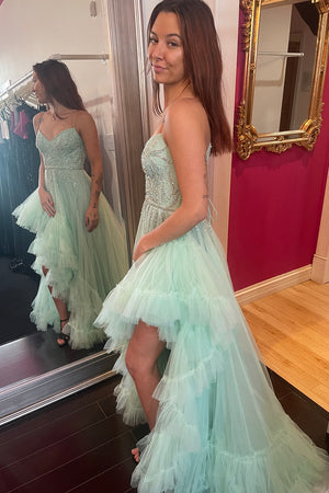 Sage Beaded Tiered Tulle A Line Prom Dress with Slit