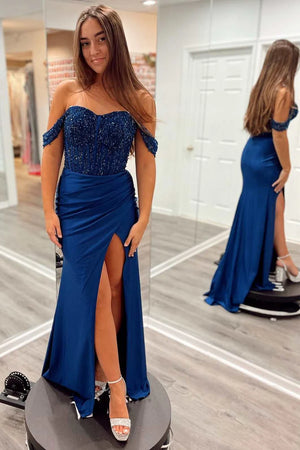 Sparkly Navy Corset Off The Shoulder Prom Dress with Slit