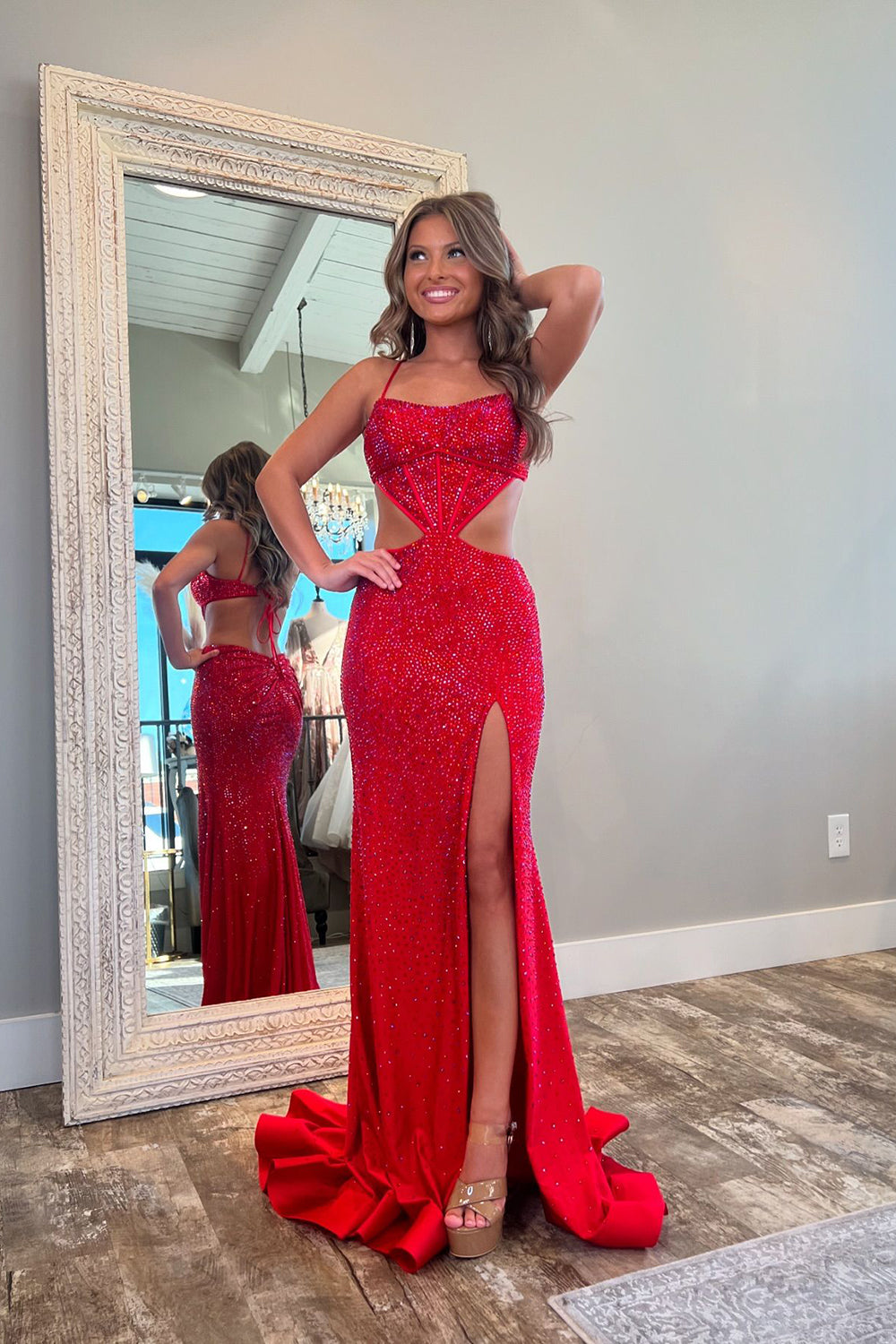 Glitter Red Hollow-out Mermaid Prom Dress with Slit