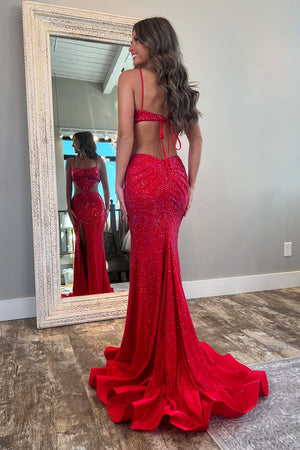 Glitter Red Hollow-out Mermaid Prom Dress with Slit