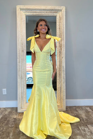 Glitter Yellow V Neck Mermaid Beaded Prom Dress with Bow