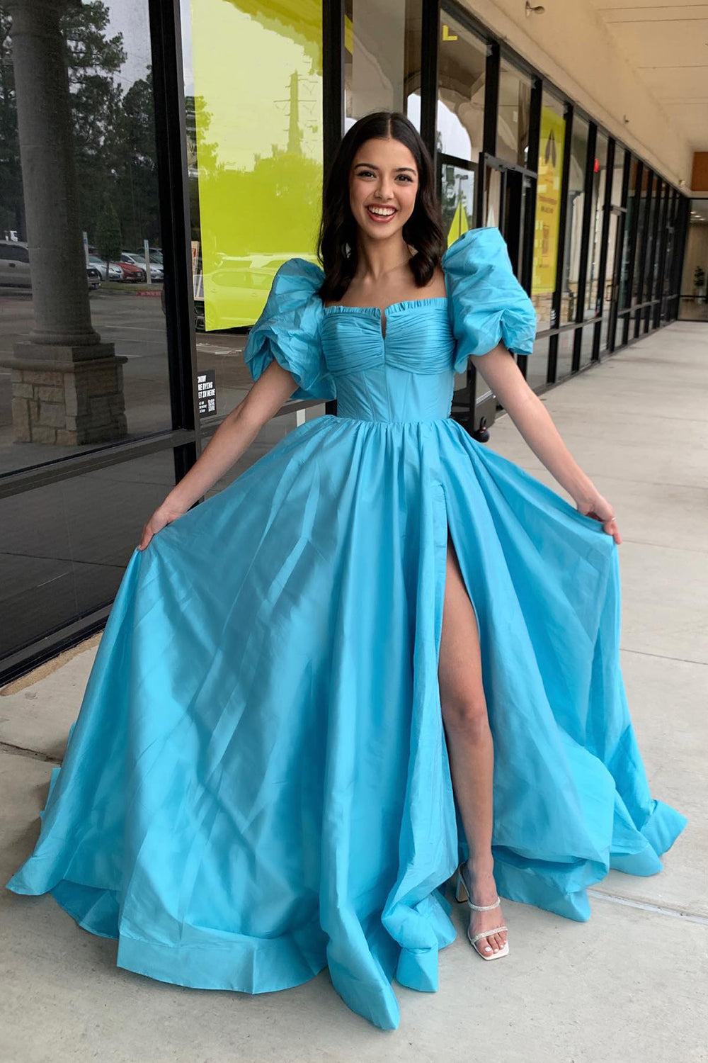 Blue Puff Sleeves Corset A Line Prom Dress with Train