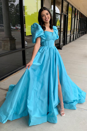 Blue Puff Sleeves Corset A Line Prom Dress with Train