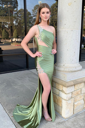 Sage One Shoulder Hollow-out Tight Slit Prom Dress with Train