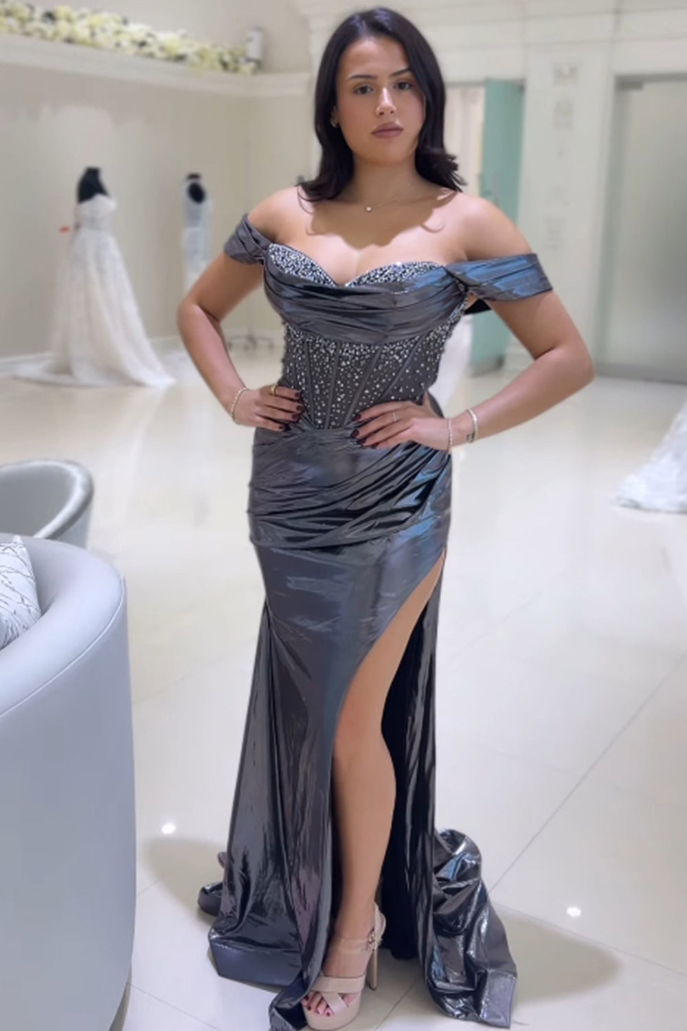 Grey Corset Beaded Off The Shoulder Pleated Prom Dress with Slit