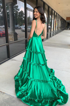 Green Ruffles Spaghetti Straps A Line Prom Dress with Slit