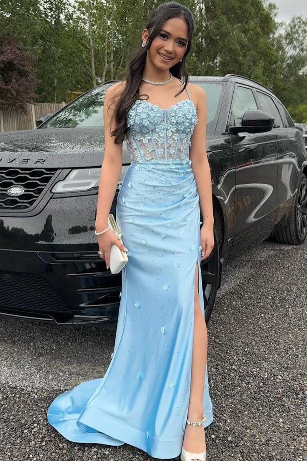 Light Blue Appliques Corset Pleated Prom Dress with Slit