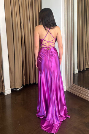 Purple Pleated Tight Slit Prom Dress with Lace-up Back