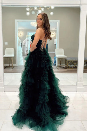 Dark Green Tiered Corset Tulle A Line Prom Dress with Slit