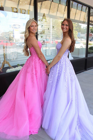 Hot Pink Appliques Corset Tulle A Line Prom Dress