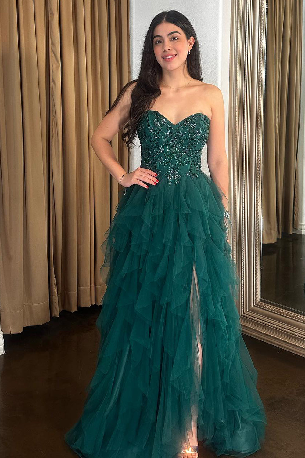 Dark Green Appliques Corset Tulle A Line Prom Dress with Slit