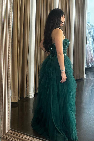 Dark Green Appliques Corset Tulle A Line Prom Dress with Slit