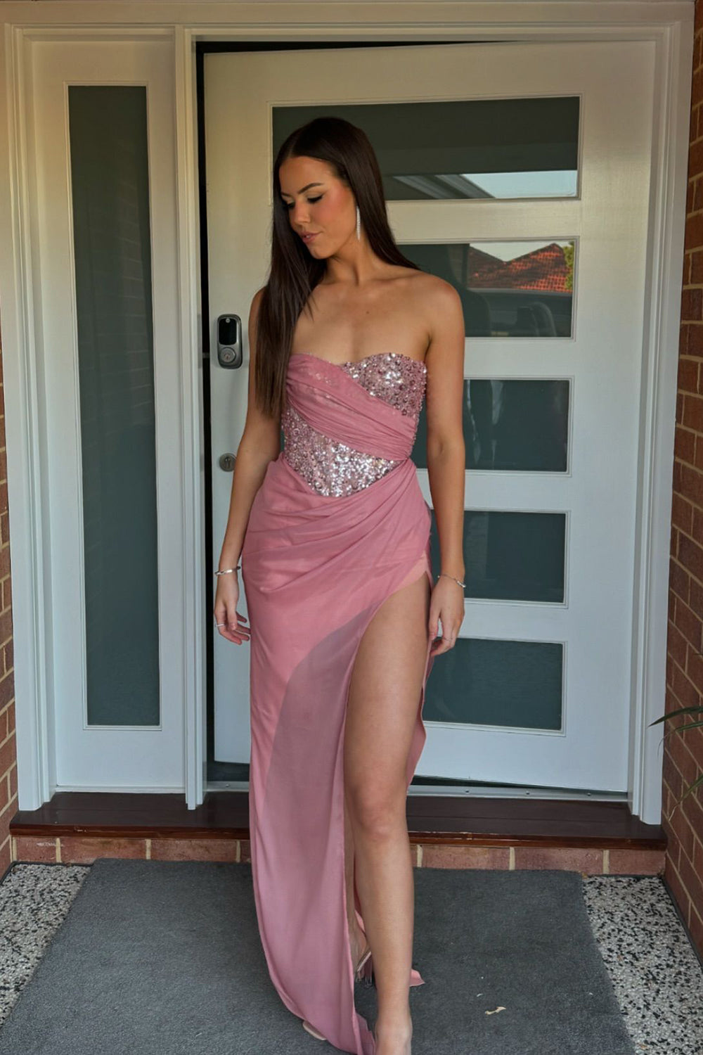 Sparkly Pink Sequins Corset Pleated Tight Prom Dress with Slit