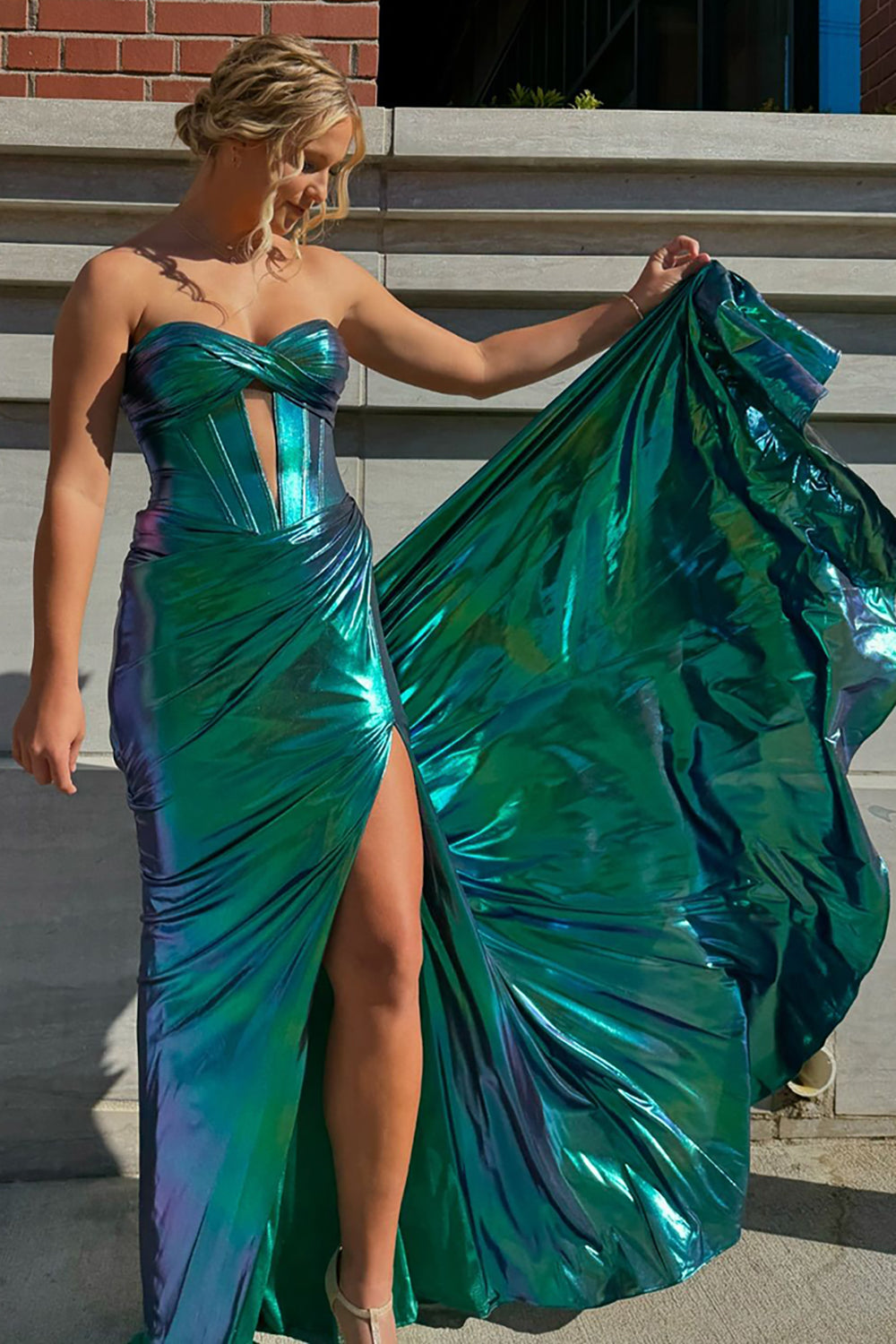 Dark Green Hollow-out Metallic Luster Pleated Prom Dress with Slit