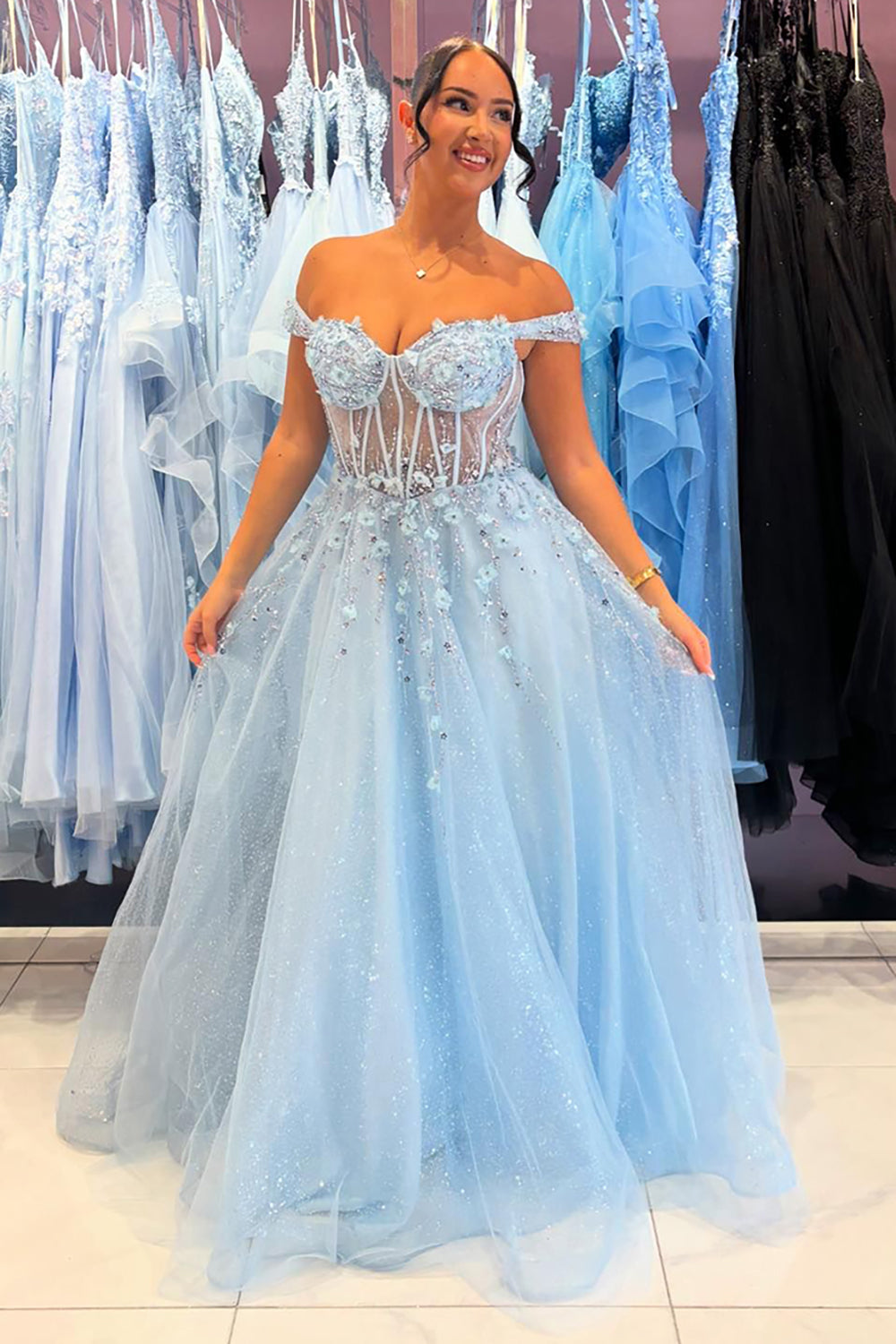 Sparkly Sky Blue Off The Shoulder A Line Corset Prom Dress