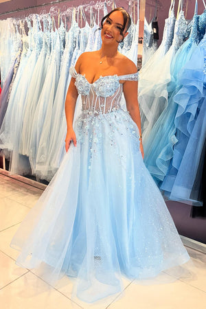 Sparkly Sky Blue Off The Shoulder A Line Corset Prom Dress