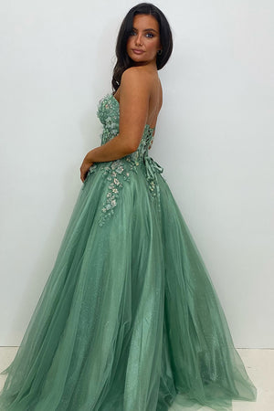 Sparkly Appliques Sage Corset Strapless Prom Dress