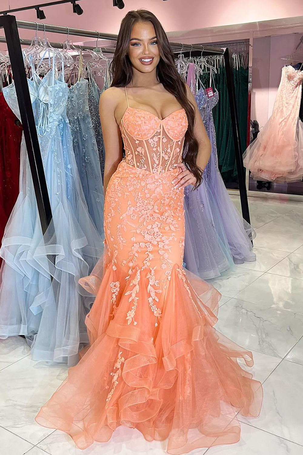 Mermaid Appliques Corset Orange Spaghetti Straps Prom Dress