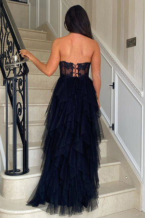 Black Corset Tiered Tulle A Line Prom Dress with Slit