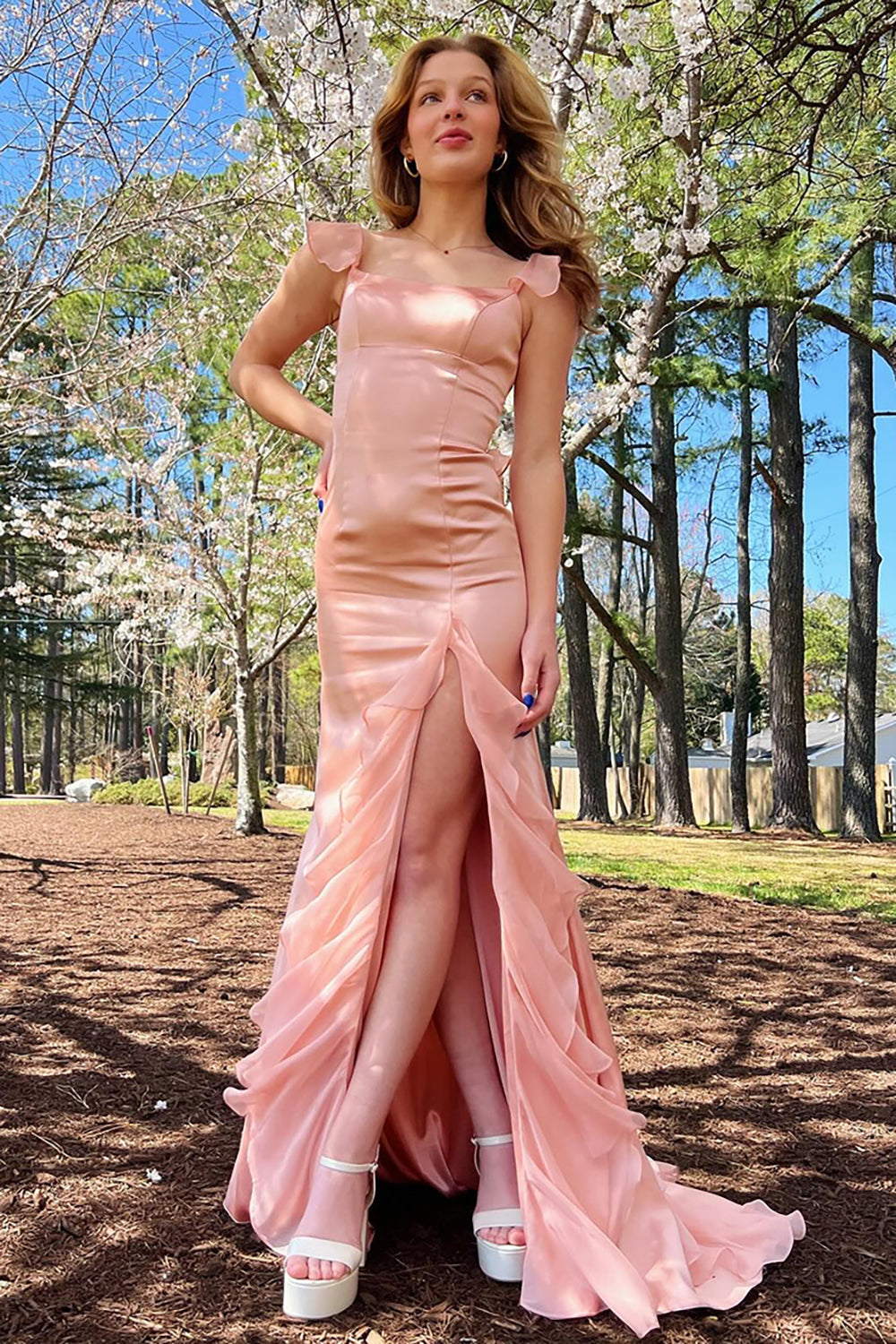 Ruffled Blush Tight Lace-up Back Prom Dress with Slit