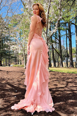 Ruffled Blush Tight Lace-up Back Prom Dress with Slit