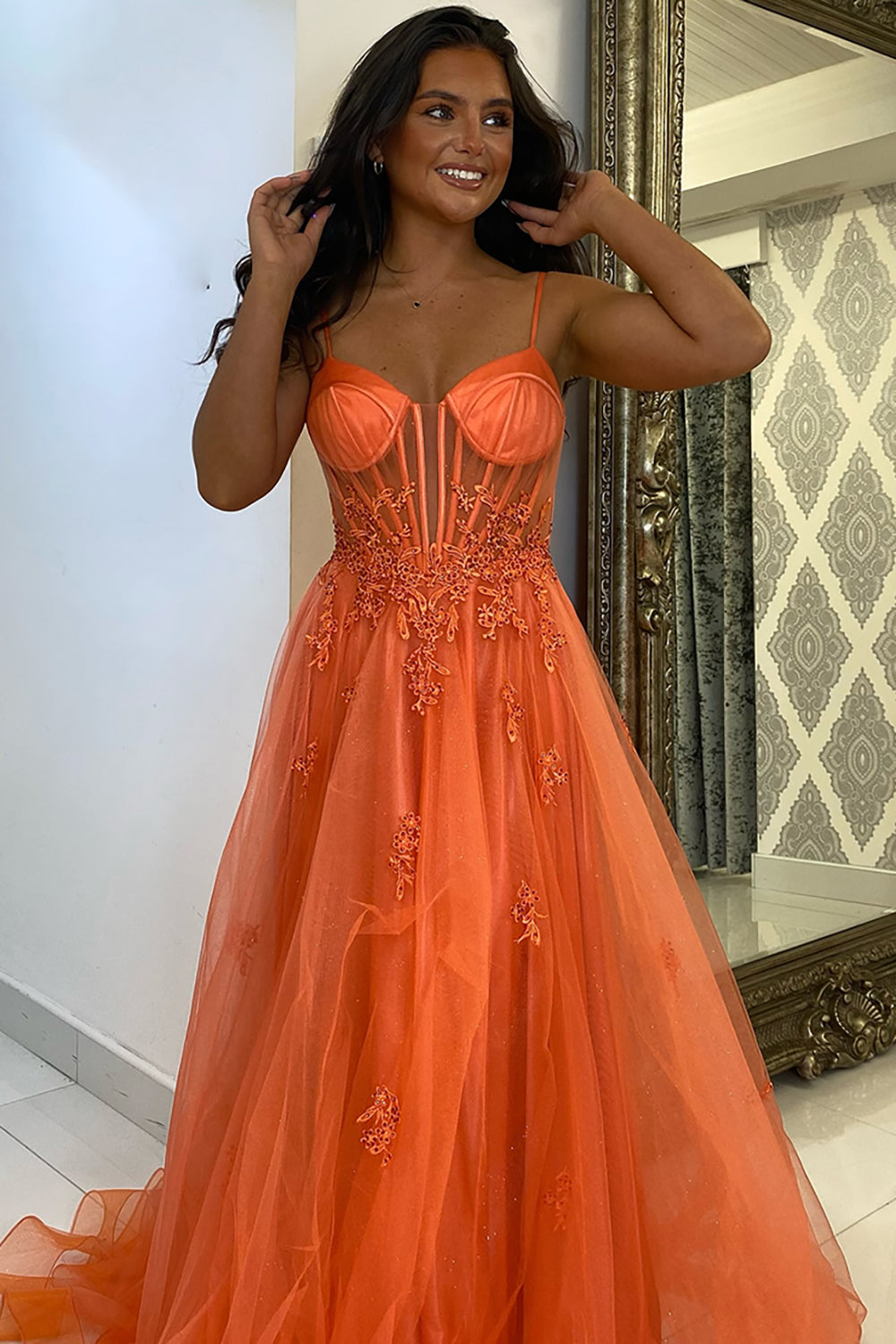 Appliques Orange Corset Tulle A Line Prom Dress