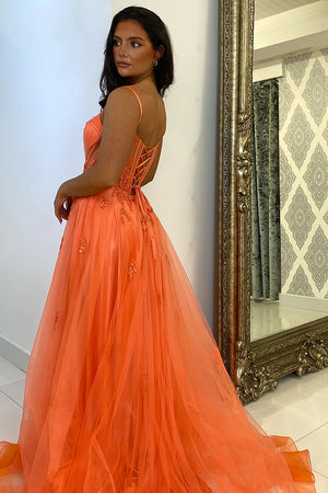 Appliques Orange Corset Tulle A Line Prom Dress