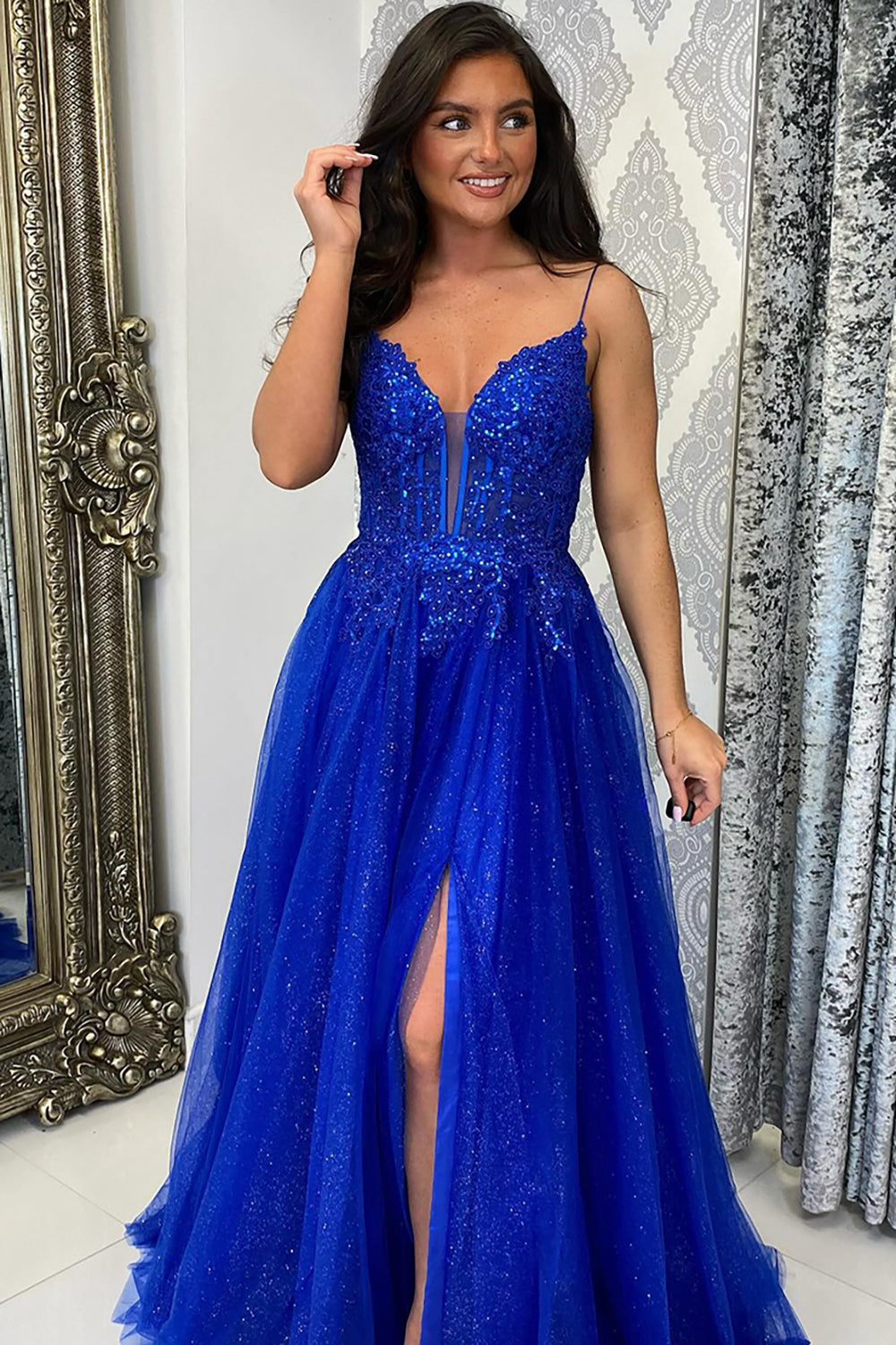 Sparkly Beaded Royal Blue Corset Tulle A Line Prom Dress with Slit