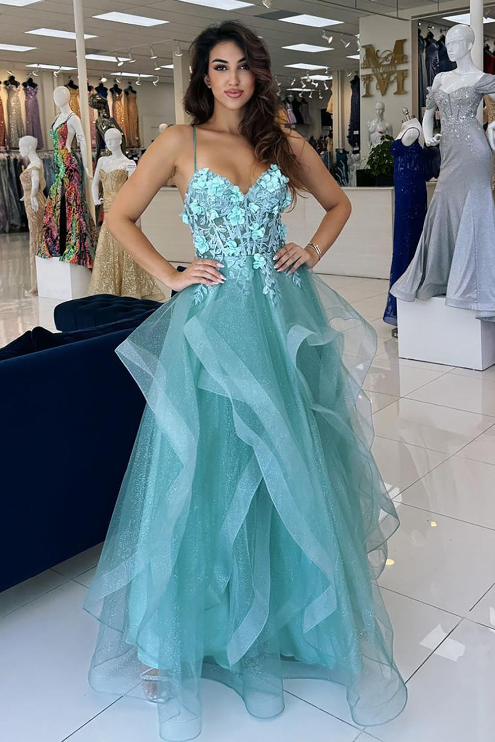 Appliques Blue Corset Organza A Line Prom Dress