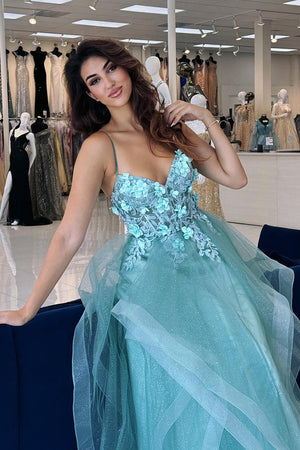 Appliques Blue Corset Organza A Line Prom Dress