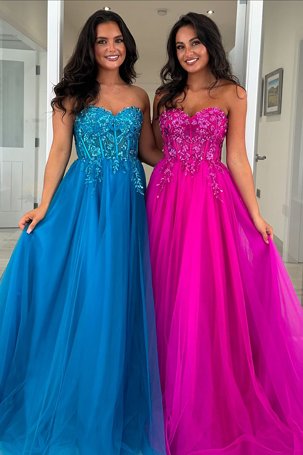 Blue Appliques Corset Tulle Strapless A Line Prom Dress