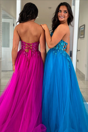 Blue Appliques Corset Tulle Strapless A Line Prom Dress