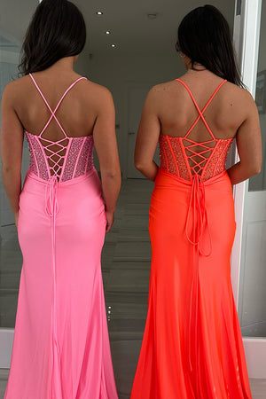 Pink Pleated Corset Tight Prom Dress with Slit