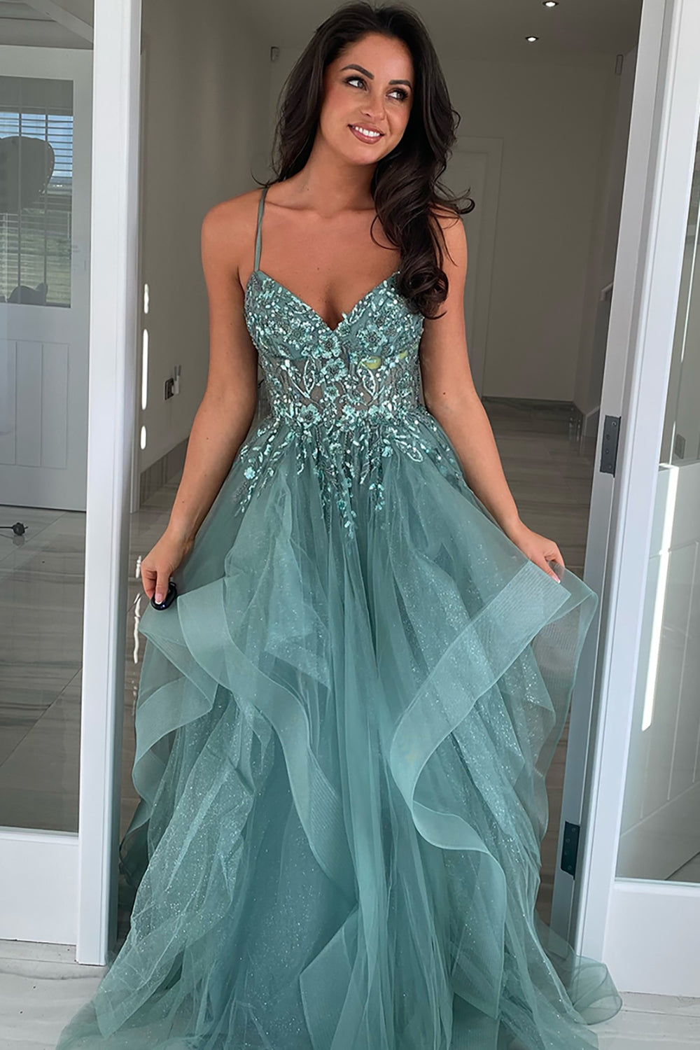 Sparkly Grey Blue Organza Appliques Corset Prom Dress