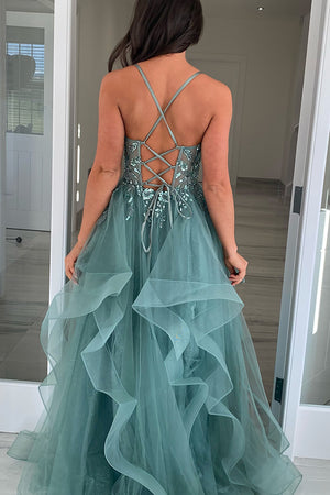 Sparkly Grey Blue Organza Appliques Corset Prom Dress