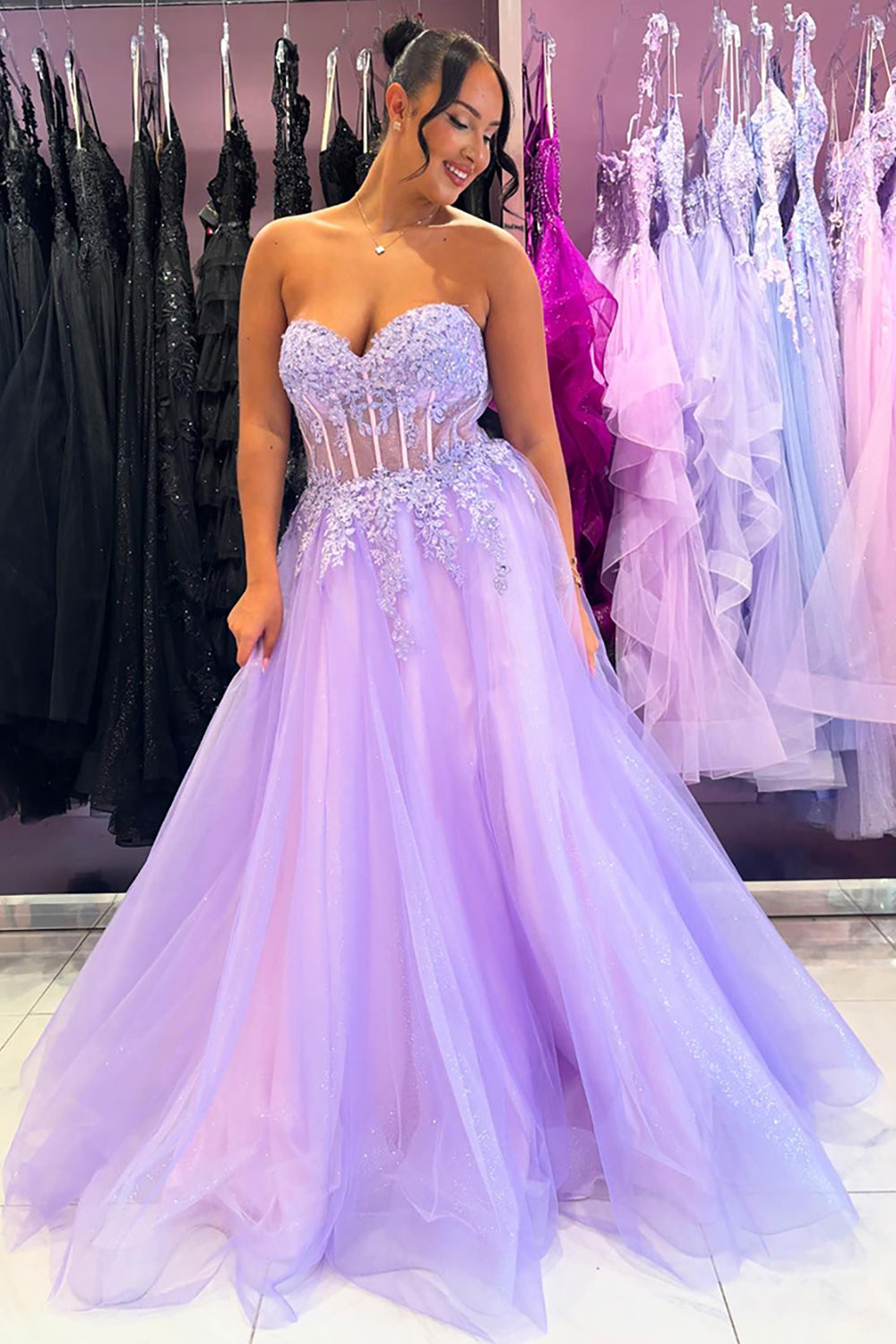 Lilac Appliques Corset Tulle A Line Prom Dress