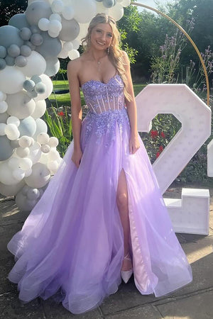 Lilac Appliques Corset Tulle A Line Prom Dress