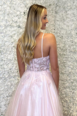 Pink Appliques Halter Tulle A Line Prom Dress