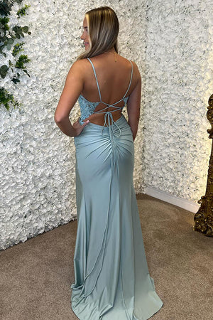 Sky Blue Pleated Corset Tight Prom Dress with Slit