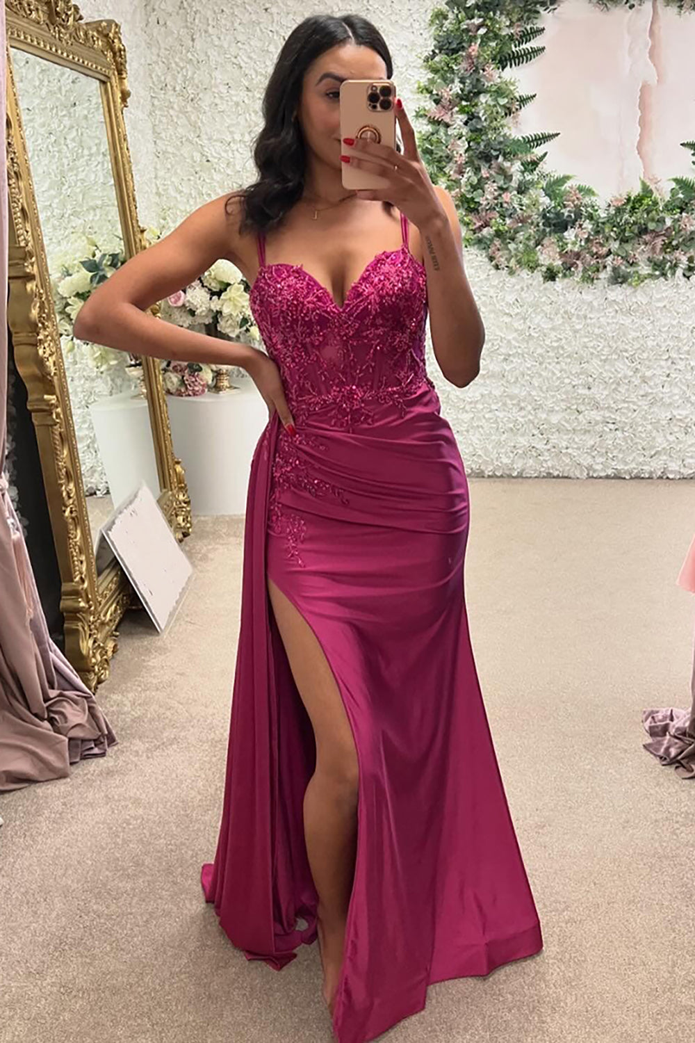 Fuchsia Appliques Pleated Corset Tight Prom Dress with Slit